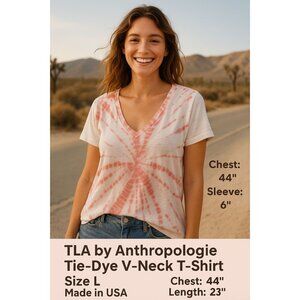 Anthropologie TLA FUN CASUAL SUMMER RETRO Tie-Dye V-Neck T-Shirt Made in USA L